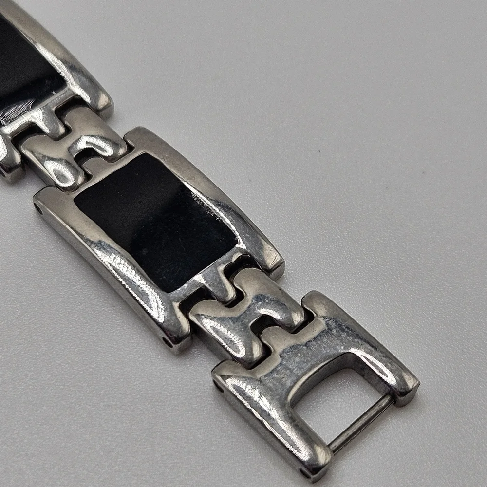 Stainless Steel Black Enamel Watch Link Men's Bracelet 9.25